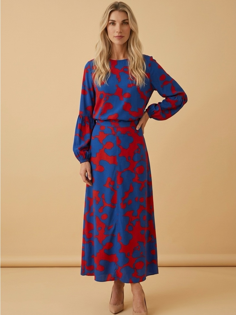 Tatum Elegant Blue and Red Patterned Dress